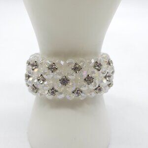 Crystal Beaded Stretch Bracelet Rhinestone Accents Iridescent Finish 1" Wide